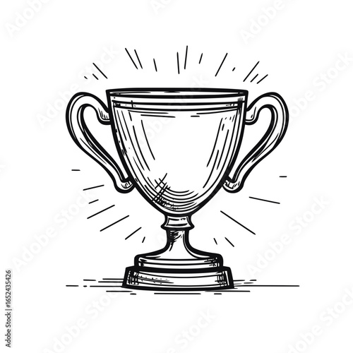 Hand drawn sketch style trophy cup with two handles and radiant lines celebrating victory and achievement in black outline vector illustration on white background
