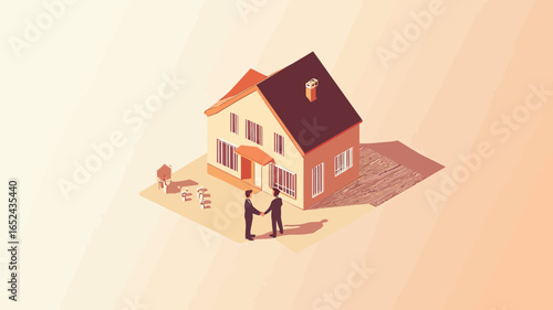 Isometric vector illustration of two business people shaking hands in front of house with mortgage agreement real estate transaction home buying concept minimalist style