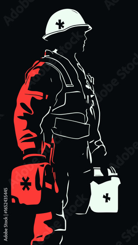 Silhouette paramedic emergency responder holding medical bags wearing helmet and uniform isolated dark background vector illustration