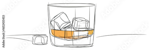 Minimalist continuous line drawing of whiskey glass with ice cubes and amber liquid in simple outline style for beverage concept illustration
