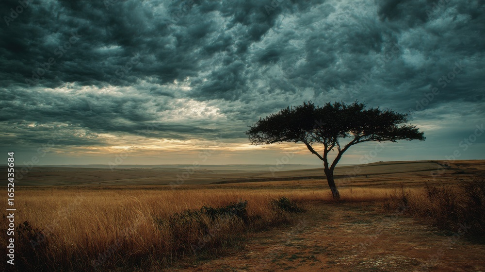 Fototapeta premium Tree in Grassy Field Under Cloudy Sky