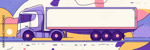 Minimalist flat style vector illustration of large cargo semi truck driving on road with abstract colorful background for transportation logistics concept design artwork