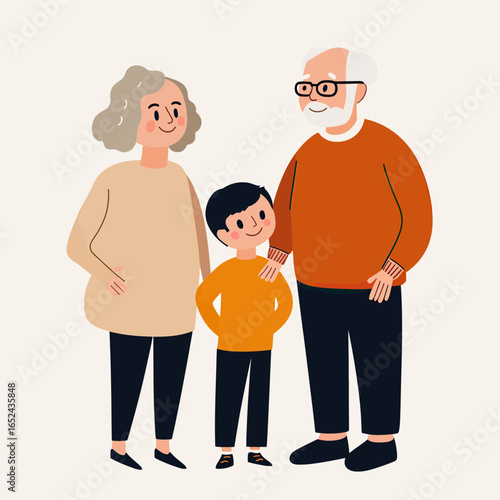 Happy elderly grandparents standing with smiling young grandson wearing casual clothing flat vector illustration