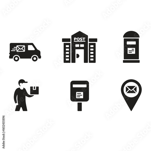 Black and white vector of delivery and postal icons including delivery van, post office, parcel box, courier, letter box, location pin with letter