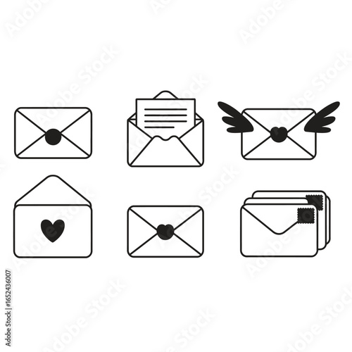 Black and white vector of envelope set including closed envelope, opened letter, heart envelope, stamped envelope, winged envelope, envelope bundle