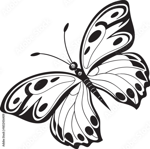 Black and white graphic illustration of a butterfly with intricate wing patterns and antennae insect