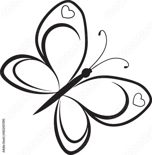 Black outline butterfly with hearts on wings and swirls insect black and white