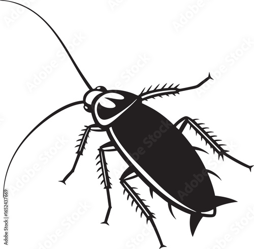 Black silhouette of a cockroach with detailed legs and antennae on a white background insect pest 1