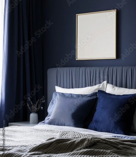 Serene Navy Blue Bedroom Interior with Gold Framed Bed and Textured Pillows