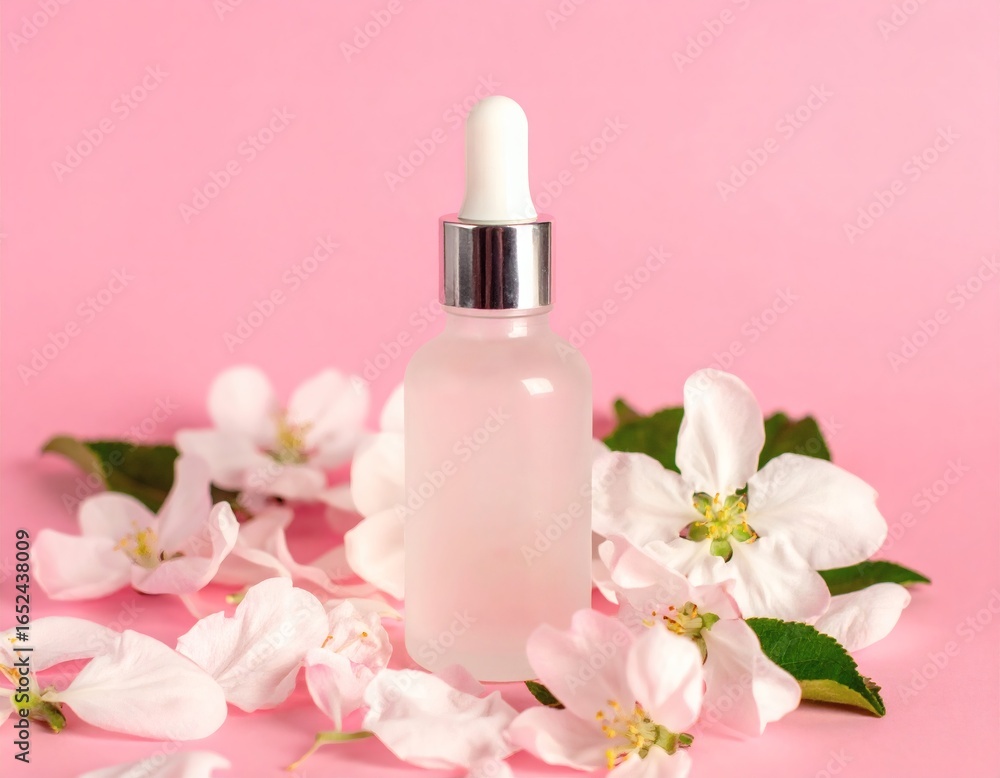 Serum Bottle Surrounded by White Flowers on Pink Background Serum Bottle Surrounded by White Flowers on Pink Background