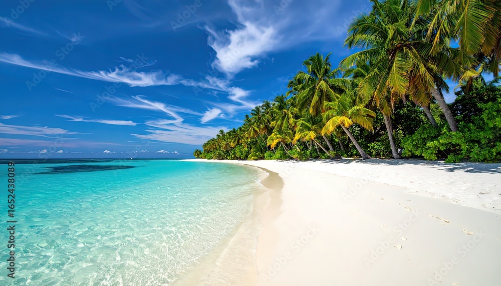 Fototapeta premium A pristine white sand beach with turquoise water and lush palm trees under a blue sky.