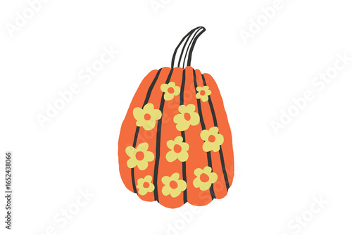 Hand-Drawn Pumpkin Illustration with Yellow Floral Pattern – Fall Decor Design