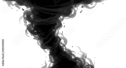 A black stylized tornado dominates a white background with swirling smoky texture