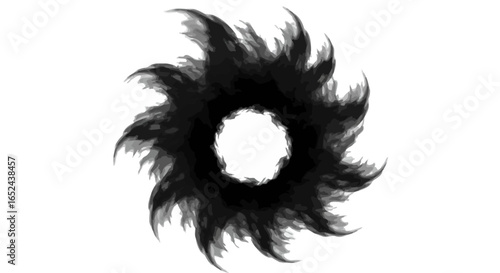 A black and gray circular design with sharp spiky edges and a hollow center on a white background
