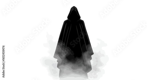 A cloaked figure stands in shadow with a hooded head in a white ominous space