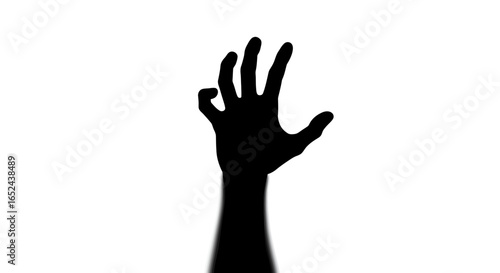 A silhouetted hand with fingers slightly curved extends upward from a dark arm against a white background