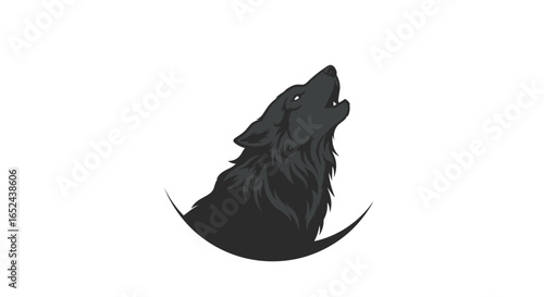 Dark wolf head howls above a crescent moon shape against a white backdrop