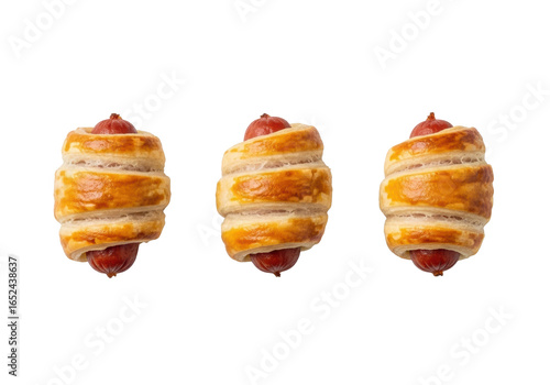 Three perfectly baked miniature pigs in a blanket with golden-brown flaky puff pastry on a clean, seamless transparent studio background with no shadows, pristine commercial food photography concept