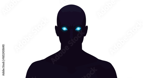 Shadowy figure with a bald head and glowing blue eyes stands against a white background