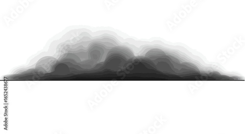 A layered graytoned cloud formation sits above a solid black horizontal line