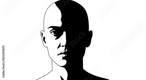 BW portrait of a bald person half face in shadow
