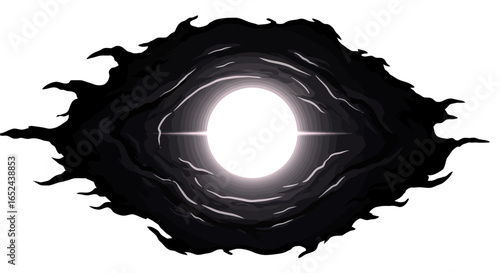 Oval void with a bright central circle and dark jagged edges creating an ominous effect