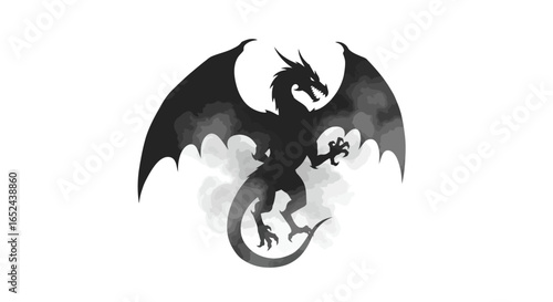 A dark shaded dragon with spread wings jagged teeth and a curled tail depicted on a white background