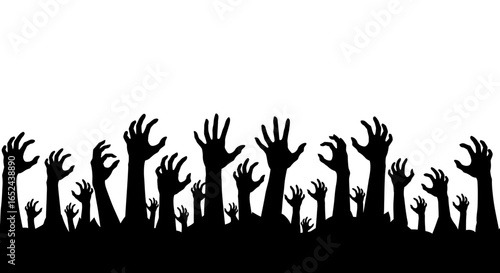 Black silhouettes of many hands reaching up from the ground against a white background