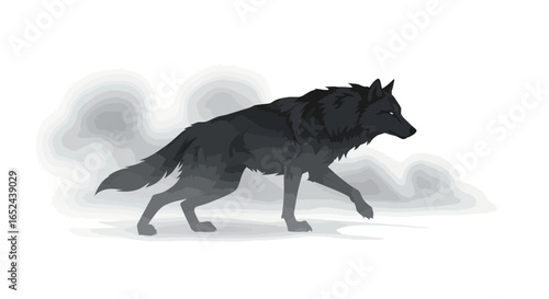 A black wolf strides forward with intense focus amidst misty grey layers