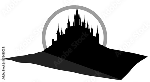 A silhouette of a castle with multiple spires sitting atop a hill with a gray ring behind it