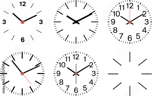 Clock Faces Set Vector, Analog Time Pieces with Numbers & Hour and Minute Hands
