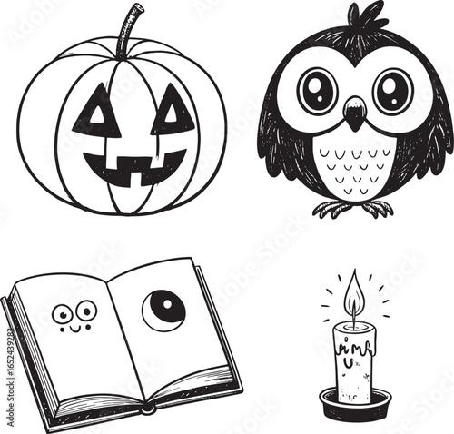 Hand drawn black and white Halloween icons pumpkin owl book candle jack o lantern