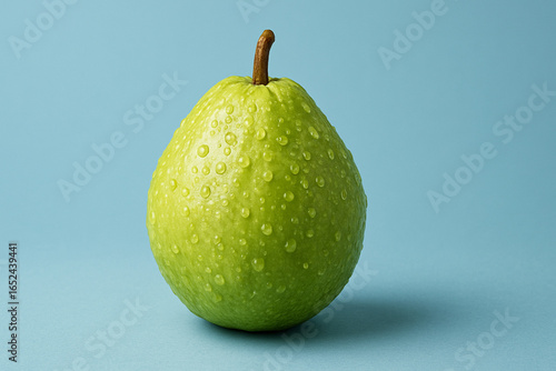 Poster of a fresh and ripe guava, looking very healthy and appetizing.