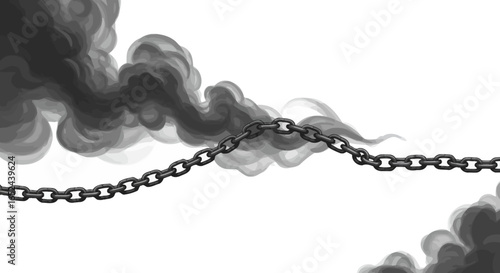 A wavering chain crosses a white background with smoky dark grey clouds at both ends