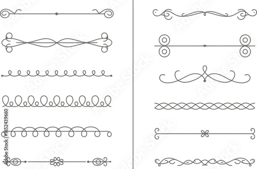 Collection of Horizontal Flourish Dividers Ornaments on White, Line Art Borders