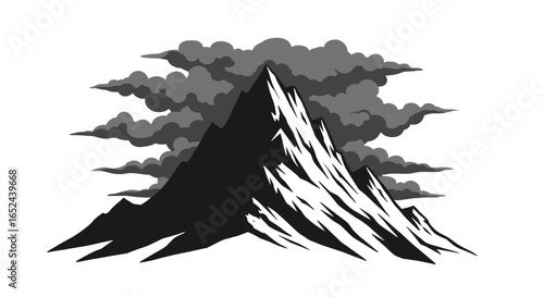 A monochrome drawing features a rugged mountain peak shrouded in dense clouds
