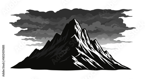 A sharp mountain range with snowcapped peaks beneath layers of ominous gray clouds