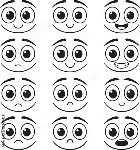 Twelve cartoon faces showing various emotions with black outlines on white background expression happy