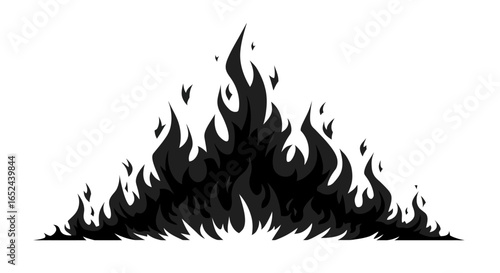 Black flames rise in a stylized triangular formation against a white background