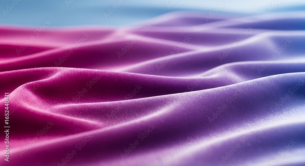 Obraz premium Abstract closeup of soft, flowing fabric with a gradient of pink, purple, and blue hues, showcasing texture and light
