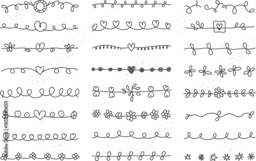 Decorative Dividers Ornaments, Line Borders with Hearts, Flowers, Stars on Transparent Background