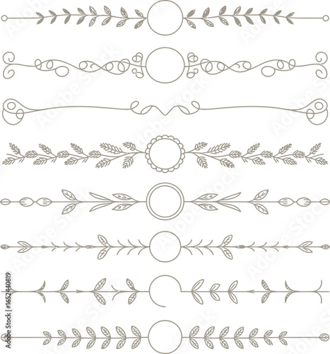 Decorative dividers with foliage accents and circle frames on transparent background