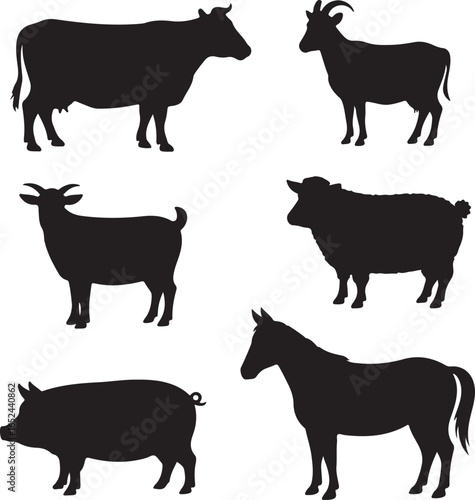 Farm Animal Silhouettes Cow Goat Sheep Pig Horse Domestic Livestock vector illustration