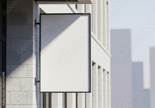 Blank vertical signboard mockup hanging on a modern stone building facade in a sunlit city.