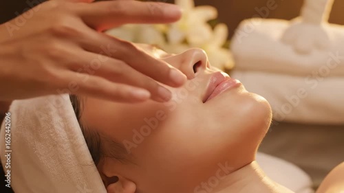 Wallpaper Mural Therapist performs upward strokes along the jaw and cheek on a reclining client; elegant spa mood, close-up detail. Torontodigital.ca