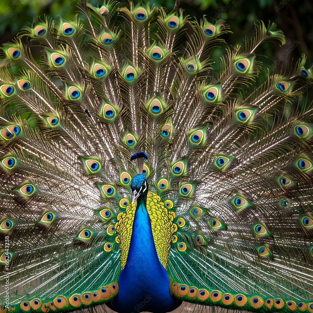 Obraz premium A vibrant peacock displays its iridescent tail feathers in a full, majestic plume