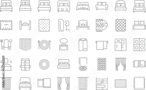 Interior Elements Outline Icons Set, Furniture Decoration, Room, Home, Hotel Amenities