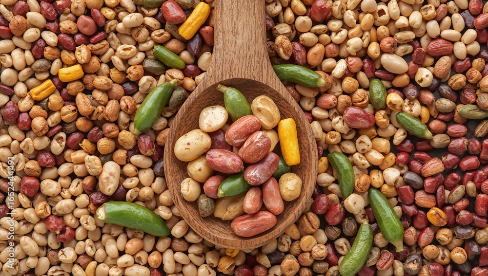 Fototapeta premium Colorful Assortment of Peanuts with Vegetables, Served with Spoon for Snacking.