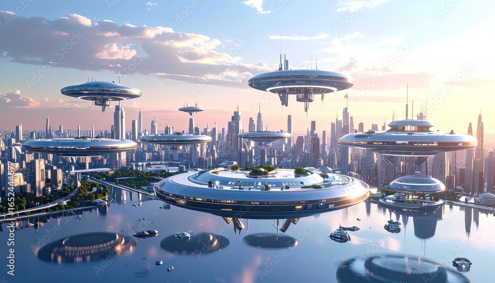 Fototapeta premium A futuristic city with flying saucer-like structures hovering over water against a modern skyline at sunset.