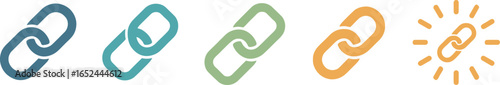 Linked Icon Set with Blue, Turquoise, Green, Golden Color on White